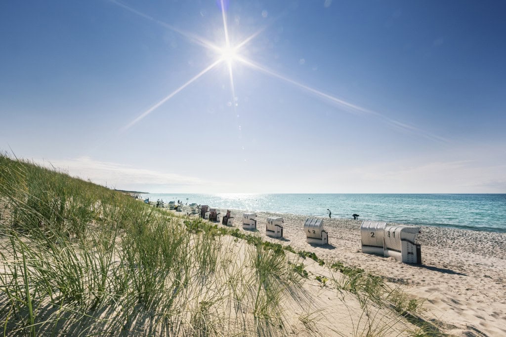 Ostsee bei Sonnenschein mit Strandkörben des Strandhotel Fischlands