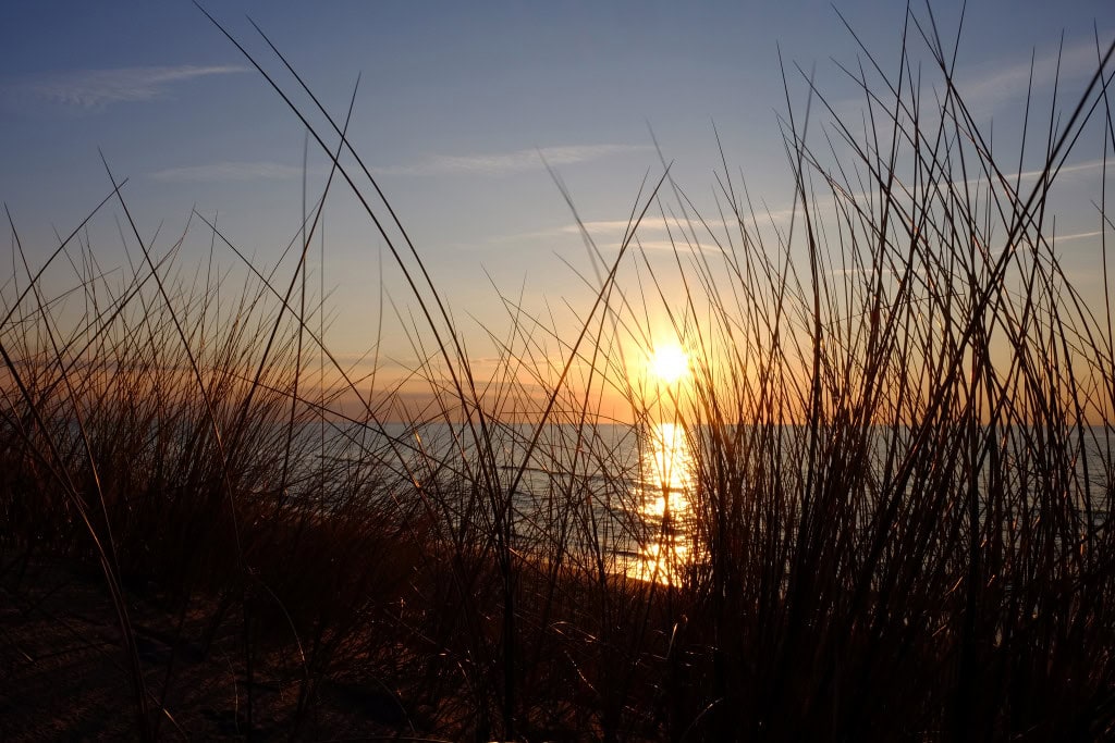 Dünengras, Ostsee und Sonnenuntergang vorm Strandhotel Fischland