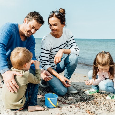 Familie sammelt Muscheln und Steine am Ostseestrand