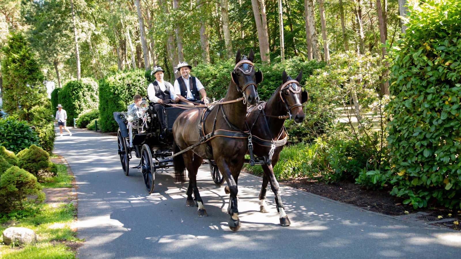 Kutsche mit Pferden, Kutschern und Brautpaar vor dem Strandhotel Fischland